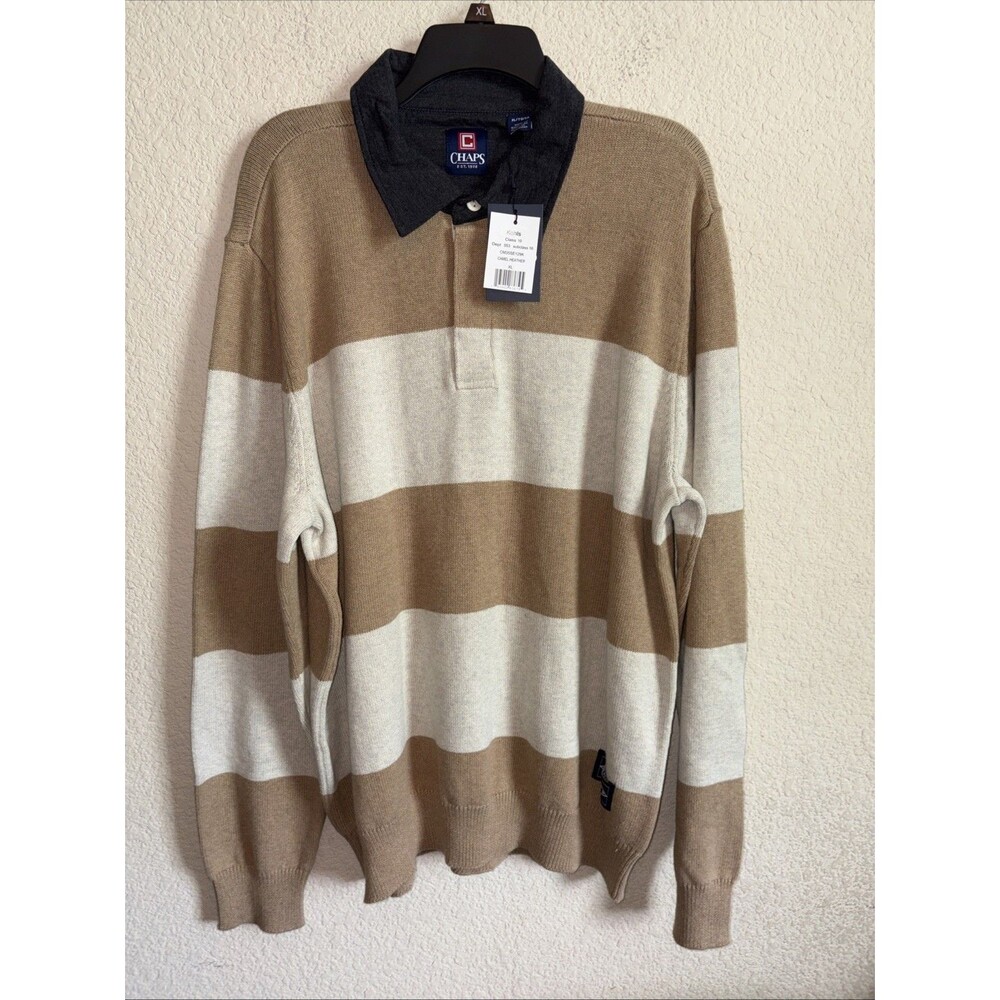 New Chaps Mens Rugby Knit Sweater XL Camel Tan Striped Preppy Contrast Collar